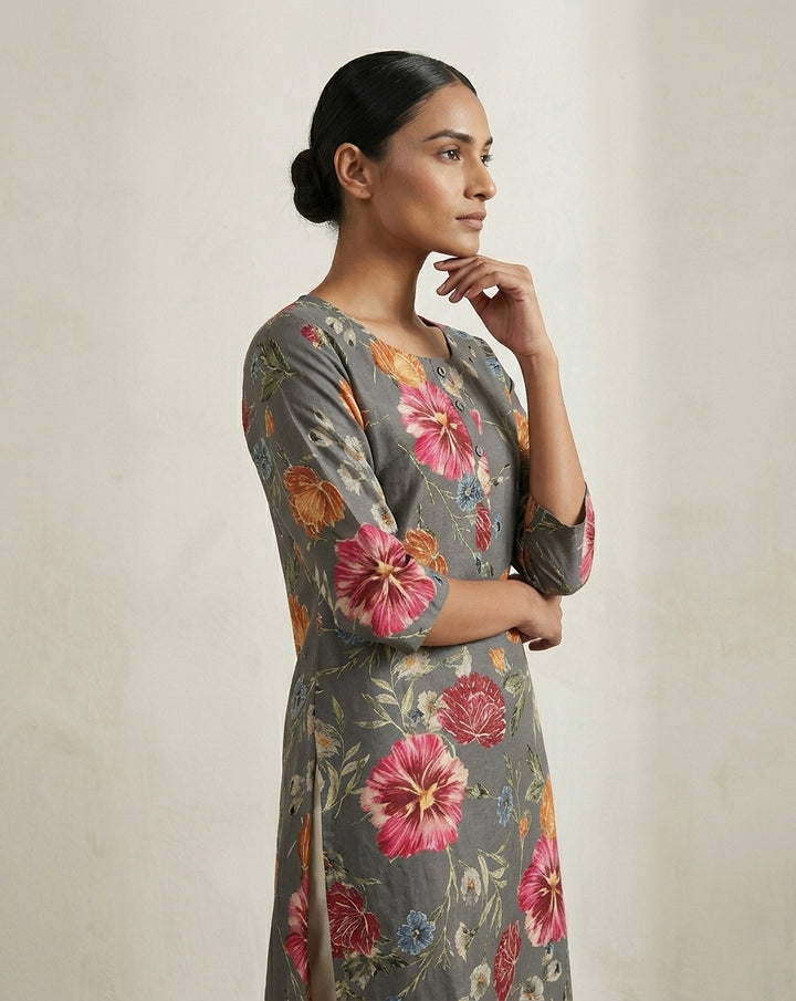 Steel Gray Vintage Floral Straight Kurti