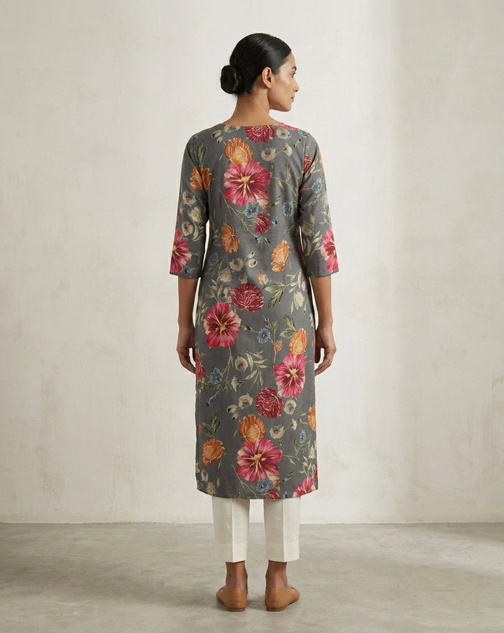 Steel Gray Vintage Floral Straight Kurti