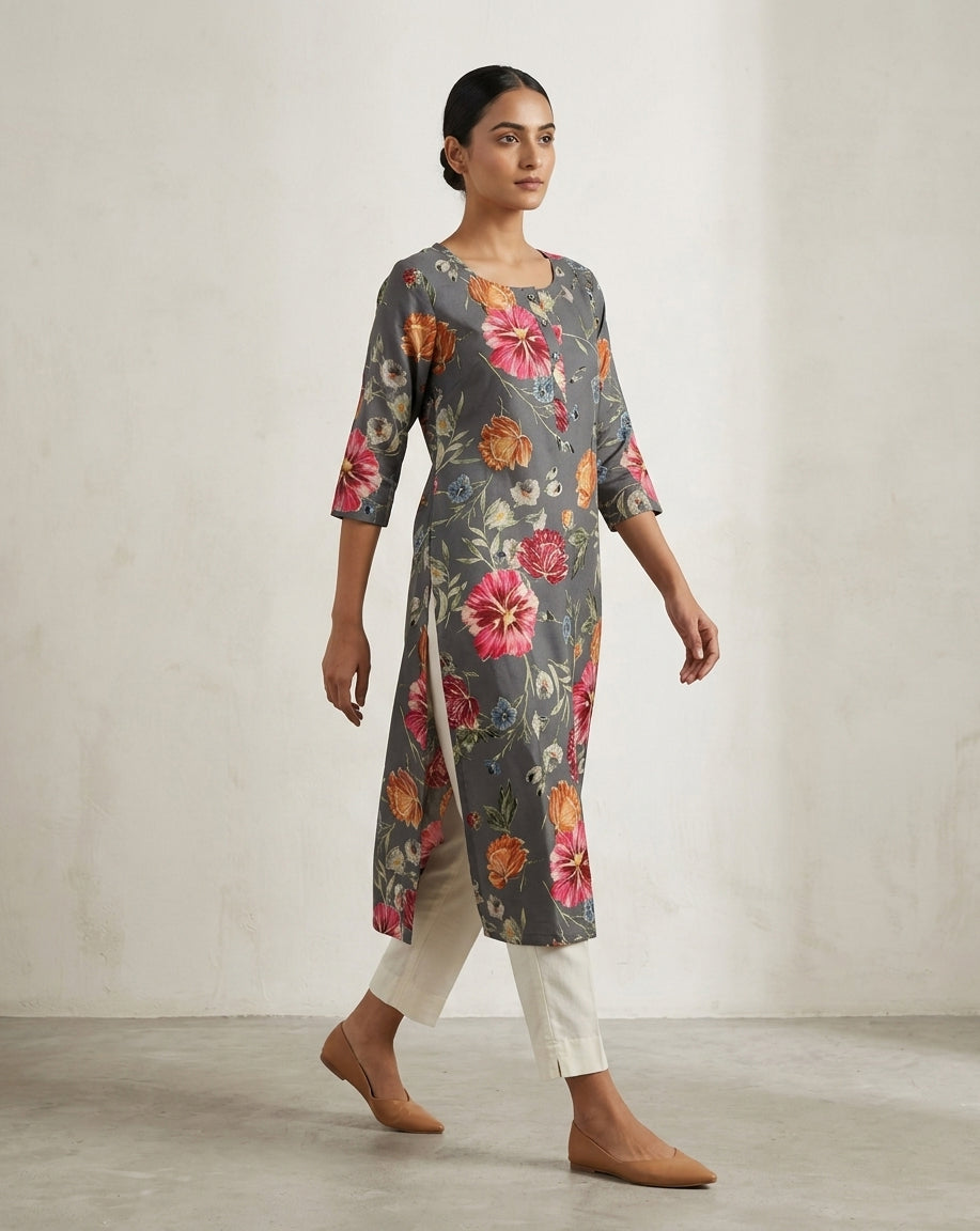 Steel Gray Vintage Floral Straight Kurti