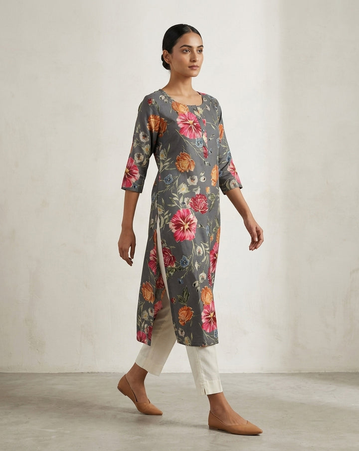 Steel Gray Vintage Floral Straight Kurti