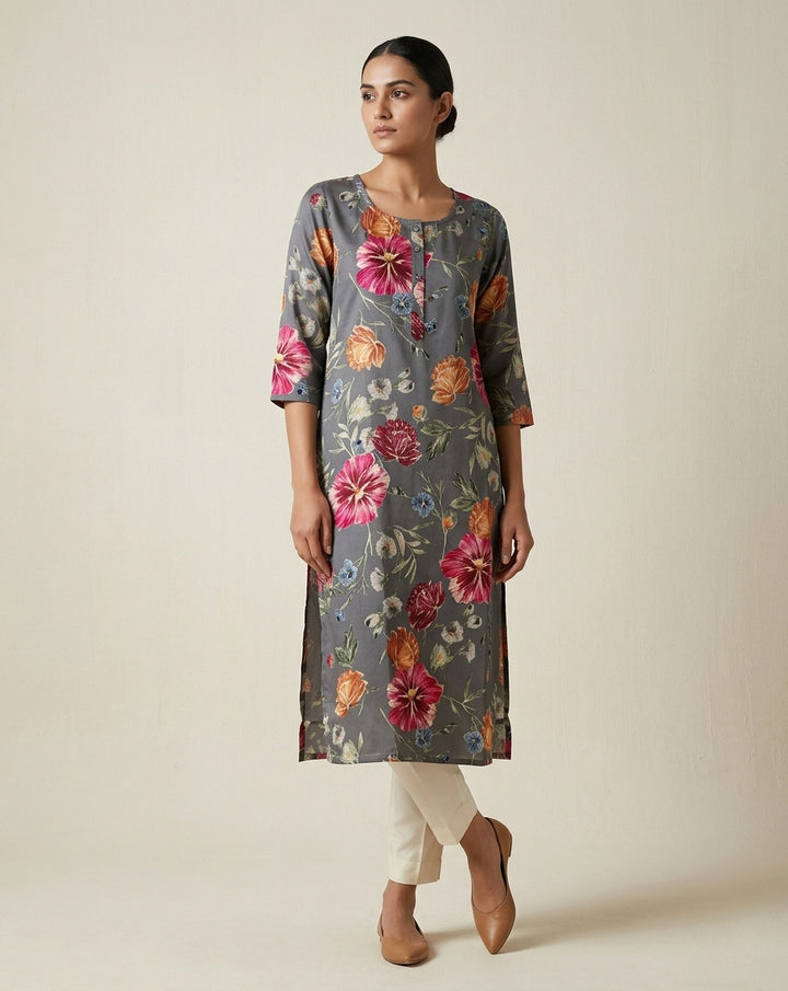 Steel Gray Vintage Floral Straight Kurti