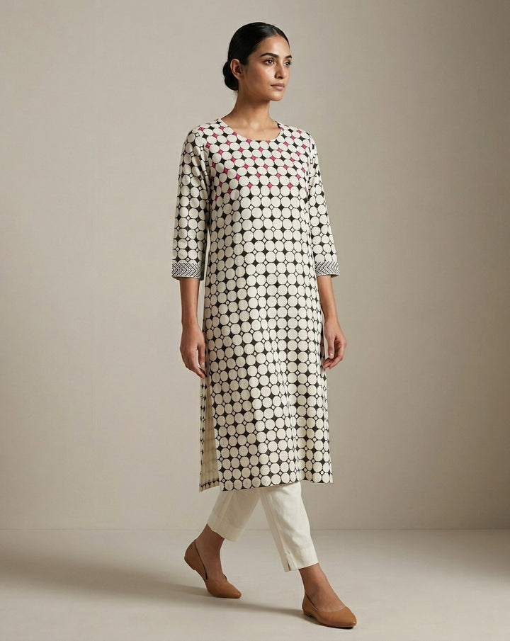 Monochrome Geometric Lattice Straight Kurti with Fuchsia Accents