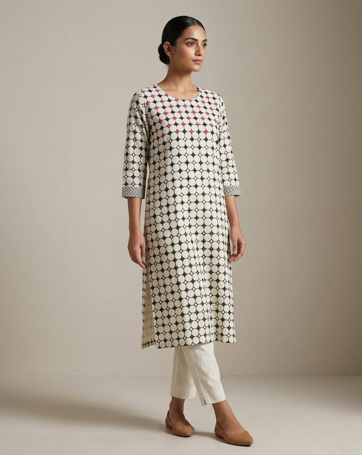 Monochrome Geometric Lattice Straight Kurti with Fuchsia Accents