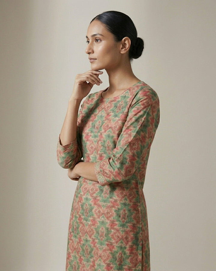 Sage &amp; Terracotta Ikat Geometric Straight Kurti