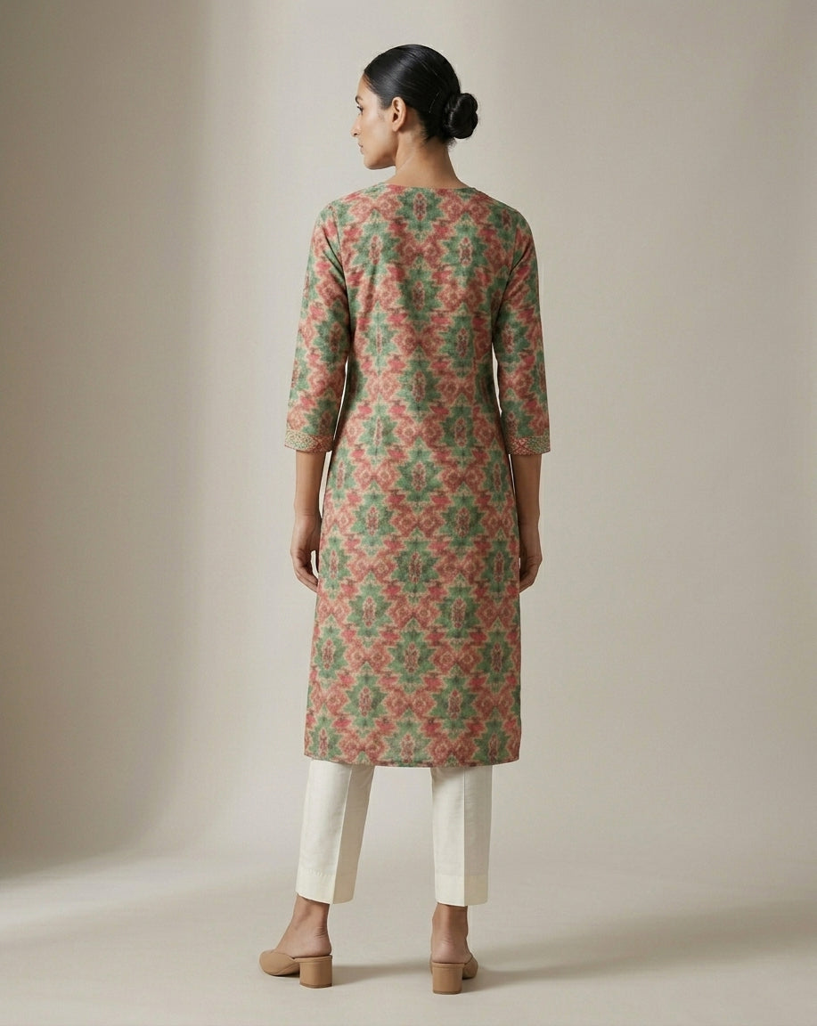 Sage &amp; Terracotta Ikat Geometric Straight Kurti