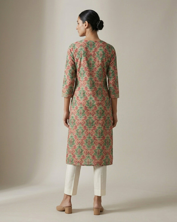 Sage &amp; Terracotta Ikat Geometric Straight Kurti