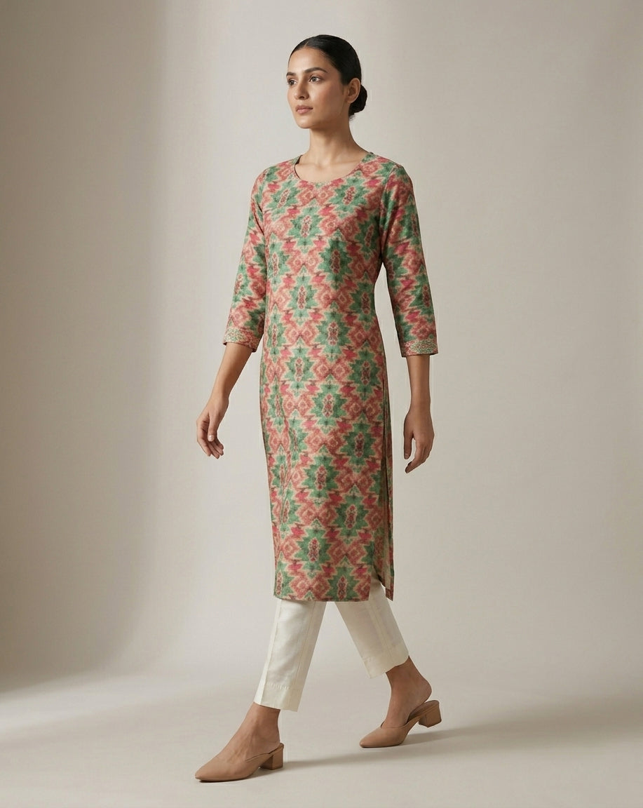 Sage &amp; Terracotta Ikat Geometric Straight Kurti