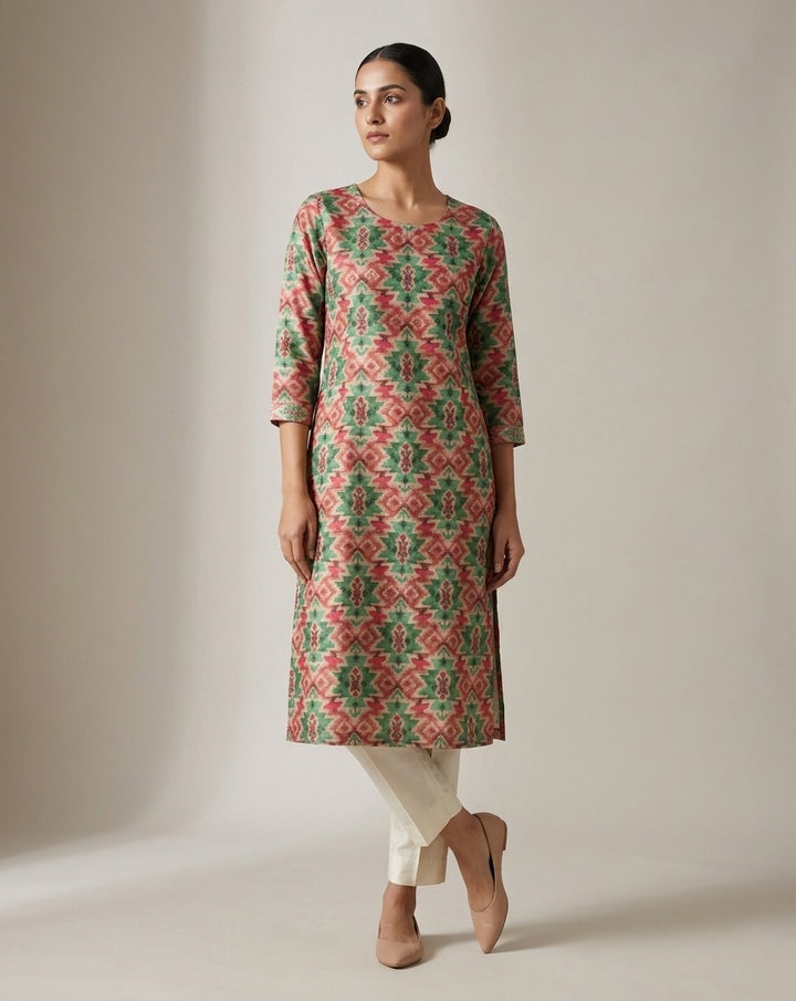 Sage &amp; Terracotta Ikat Geometric Straight Kurti