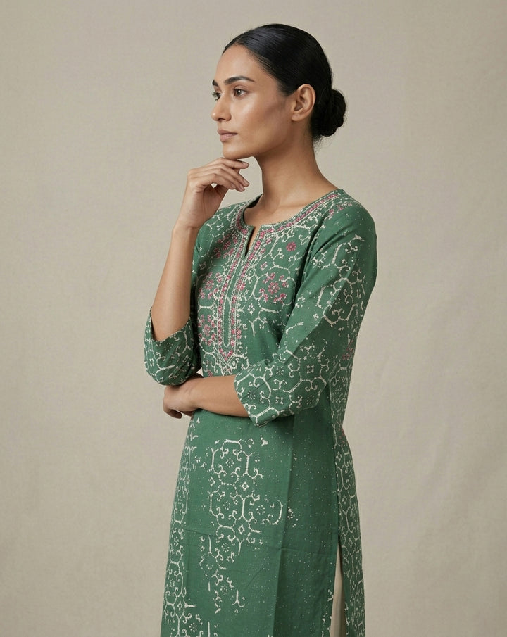 Bottle Green Bandhani Print Straight Kurti
