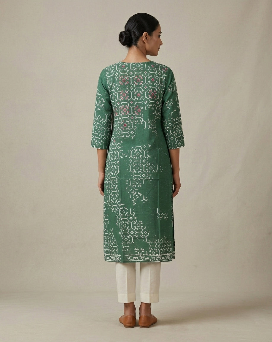 Bottle Green Bandhani Print Straight Kurti
