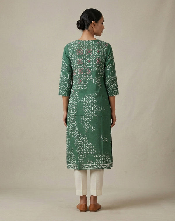 Bottle Green Bandhani Print Straight Kurti