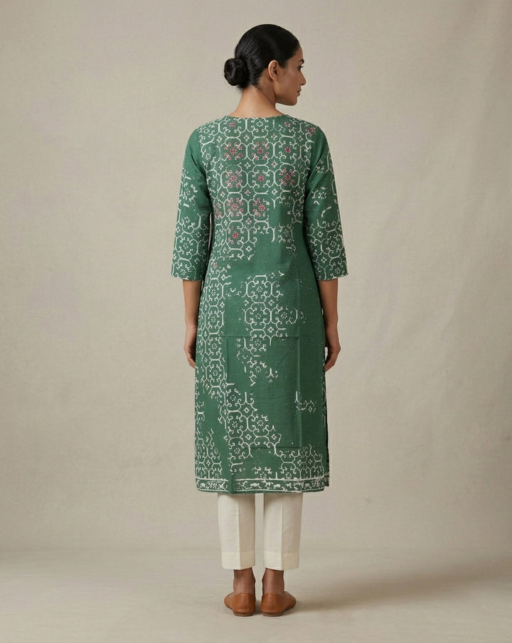 Bottle Green Bandhani Print Straight Kurti