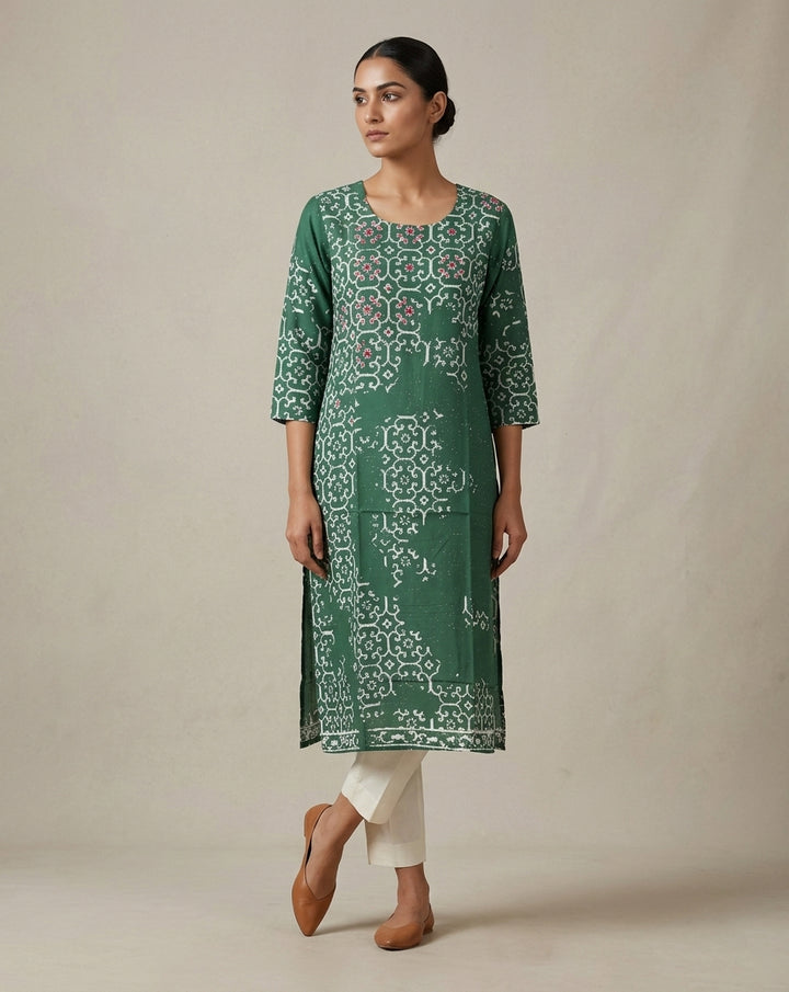 Bottle Green Bandhani Print Straight Kurti