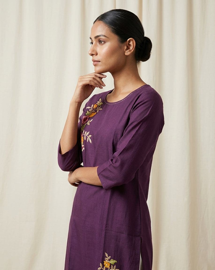 Deep Plum Embroidered Slub Straight Kurti
