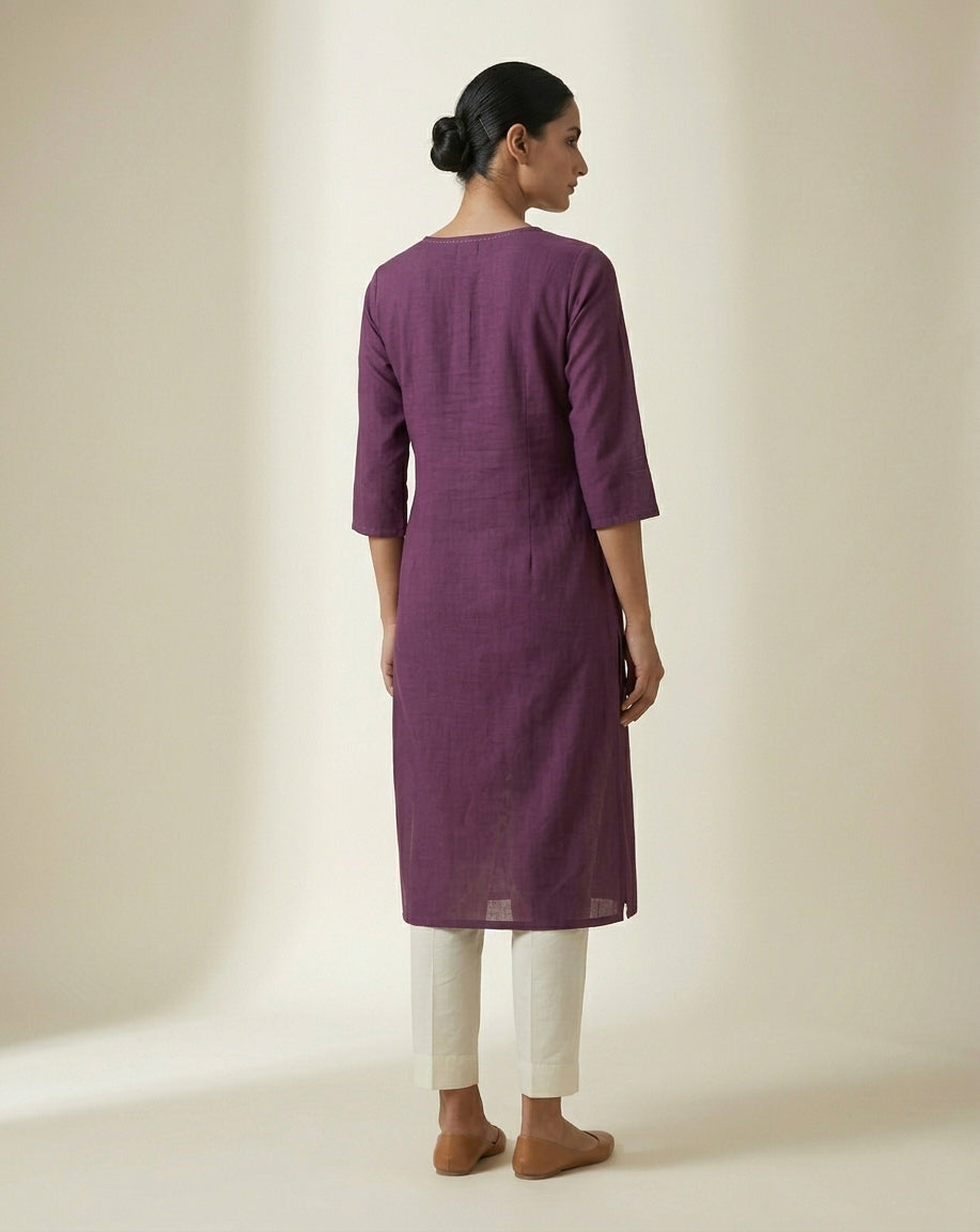 Deep Plum Embroidered Slub Straight Kurti