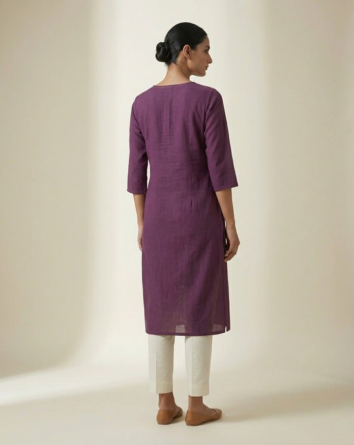 Deep Plum Embroidered Slub Straight Kurti
