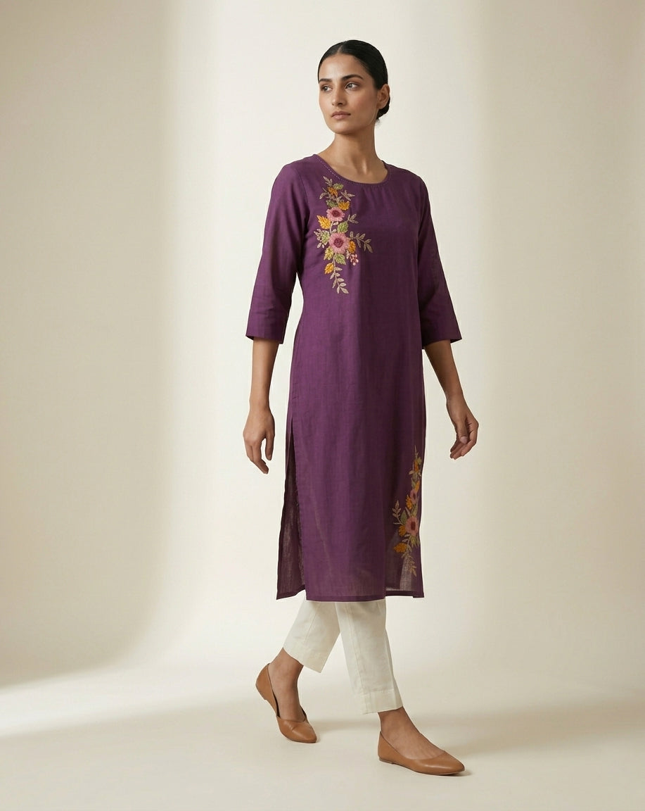 Deep Plum Embroidered Slub Straight Kurti