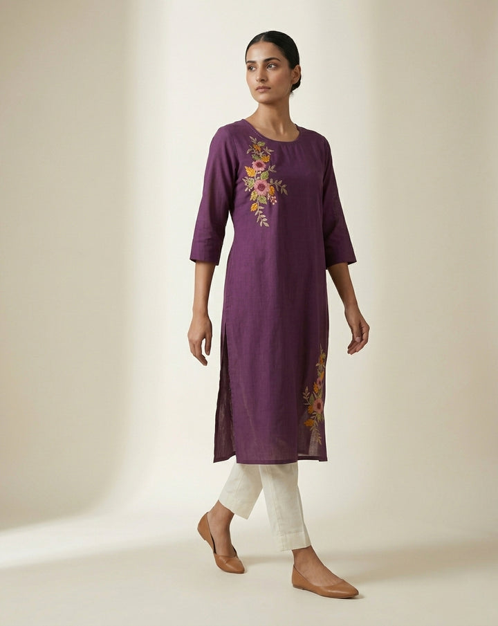 Deep Plum Embroidered Slub Straight Kurti
