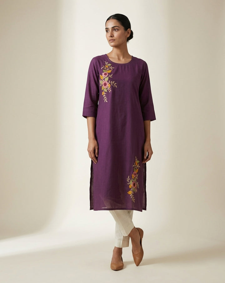 Deep Plum Embroidered Slub Straight Kurti