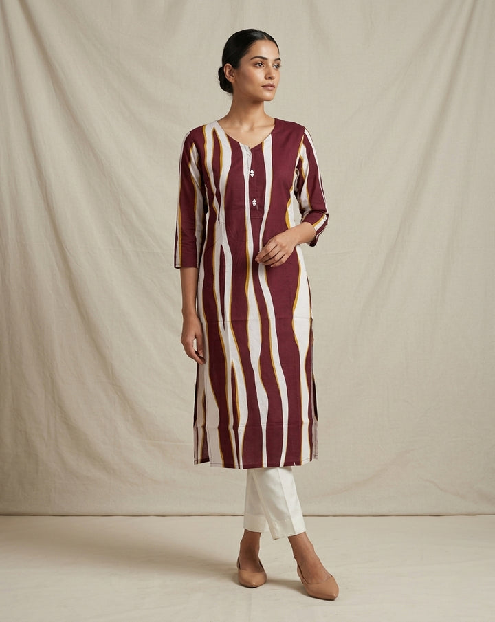 Maroon Abstract Wave Print Straight Kurti