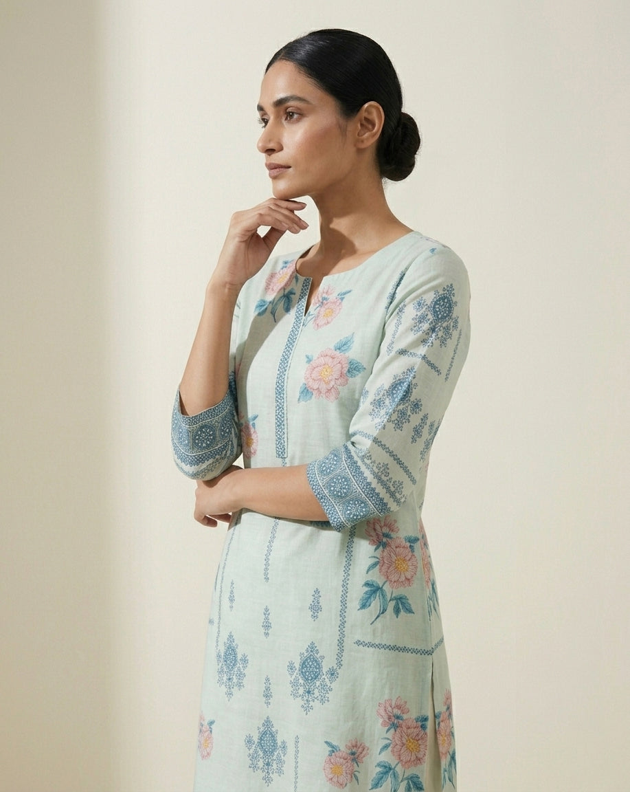 Mint Blue Floral &amp; Buta Print Straight Kurti