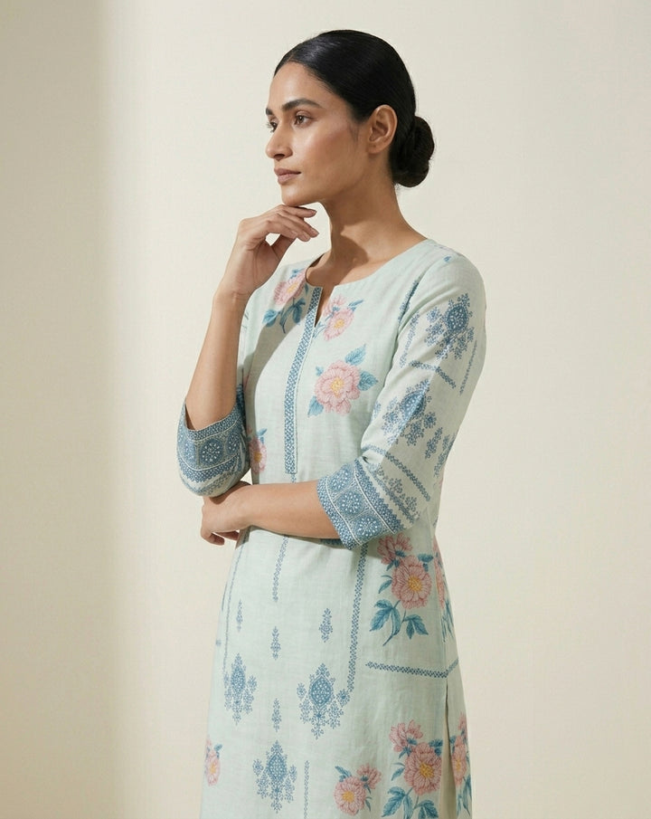 Mint Blue Floral &amp; Buta Print Straight Kurti