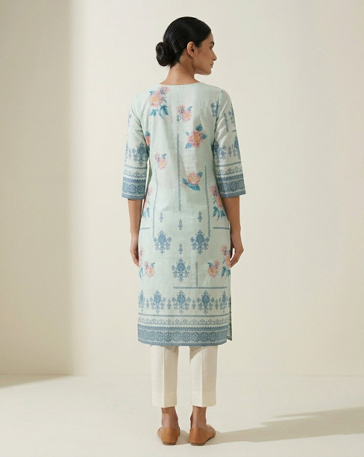 Mint Blue Floral &amp; Buta Print Straight Kurti