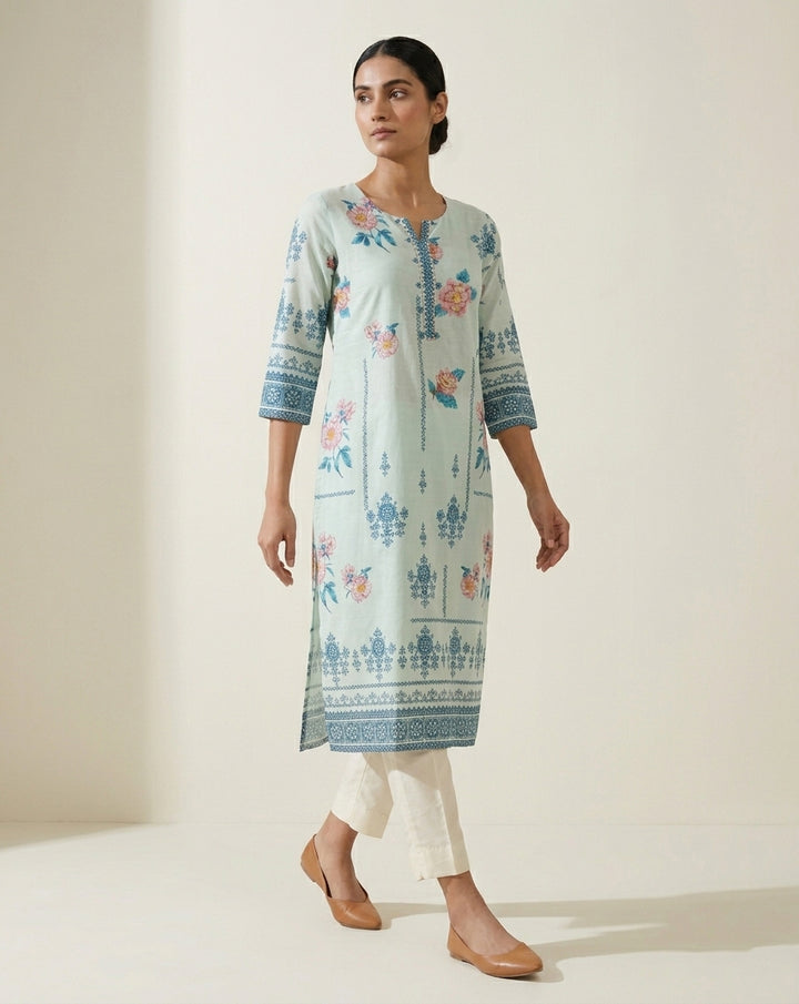 Mint Blue Floral &amp; Buta Print Straight Kurti