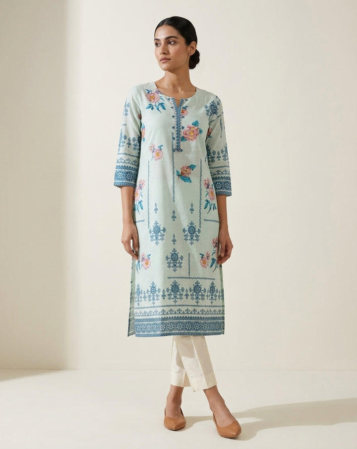 Mint Blue Floral &amp; Buta Print Straight Kurti