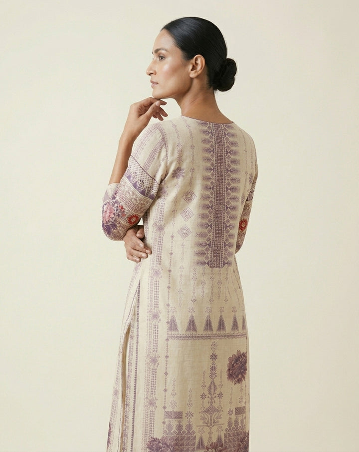 Plum Tribal &amp; Floral Border Ivory Straight Kurti