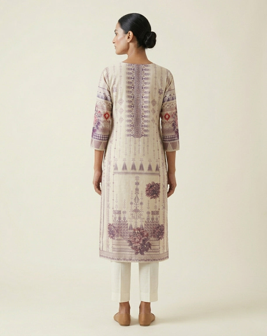 Plum Tribal &amp; Floral Border Ivory Straight Kurti