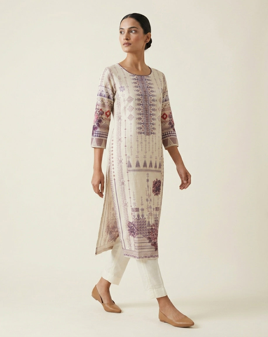 Plum Tribal &amp; Floral Border Ivory Straight Kurti