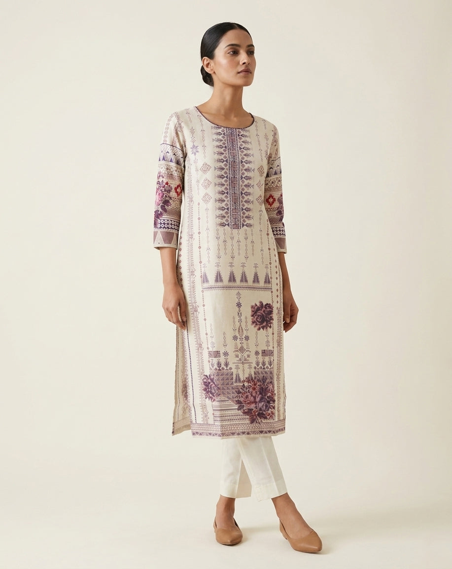 Plum Tribal &amp; Floral Border Ivory Straight Kurti