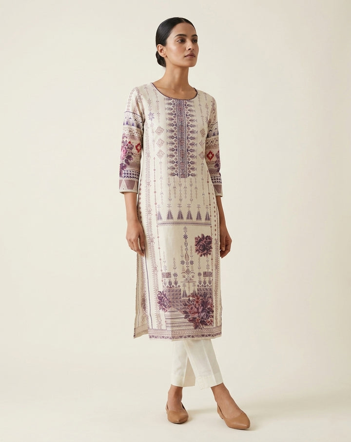Plum Tribal &amp; Floral Border Ivory Straight Kurti