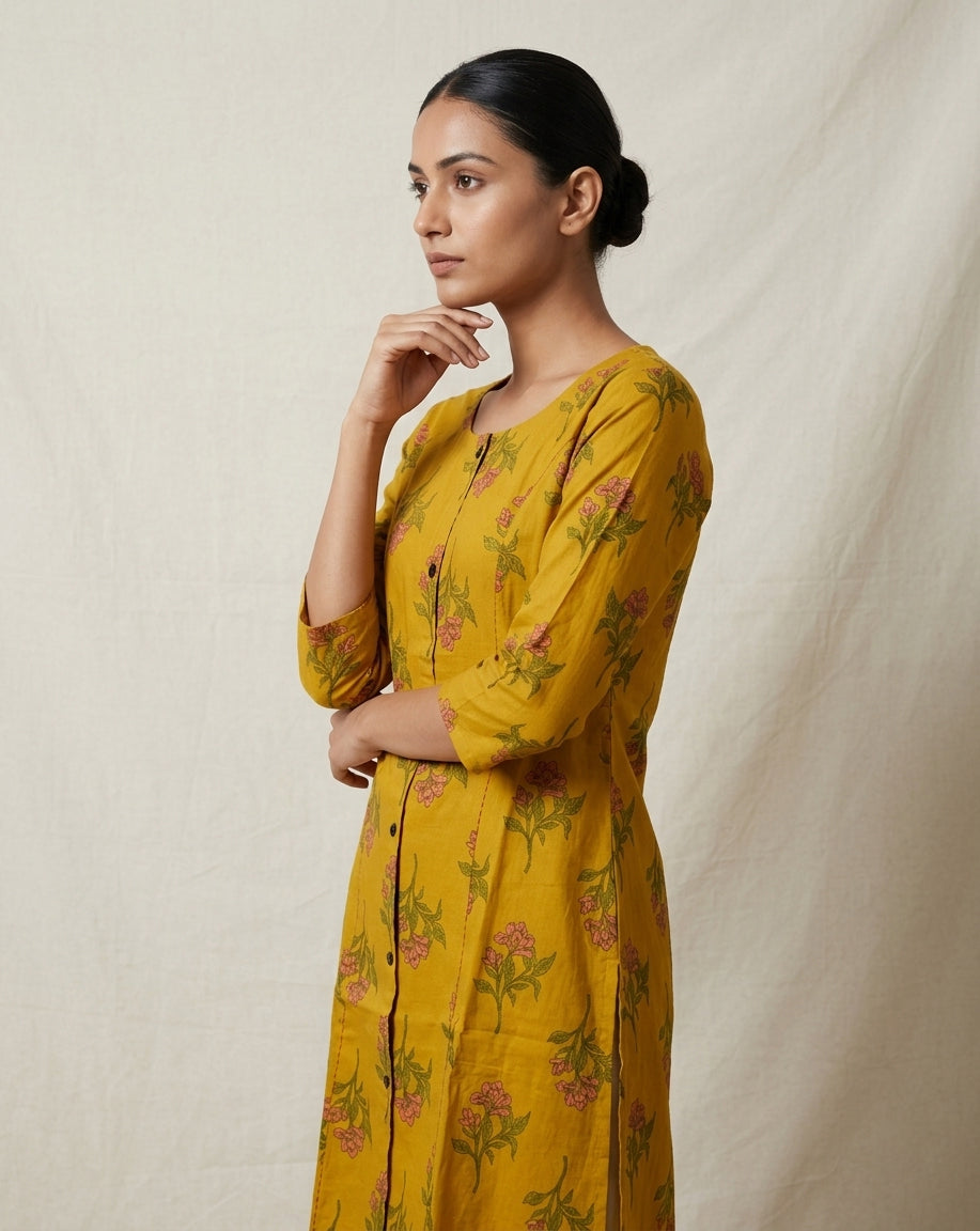 Mustard Yellow Botanical Print Straight Kurti