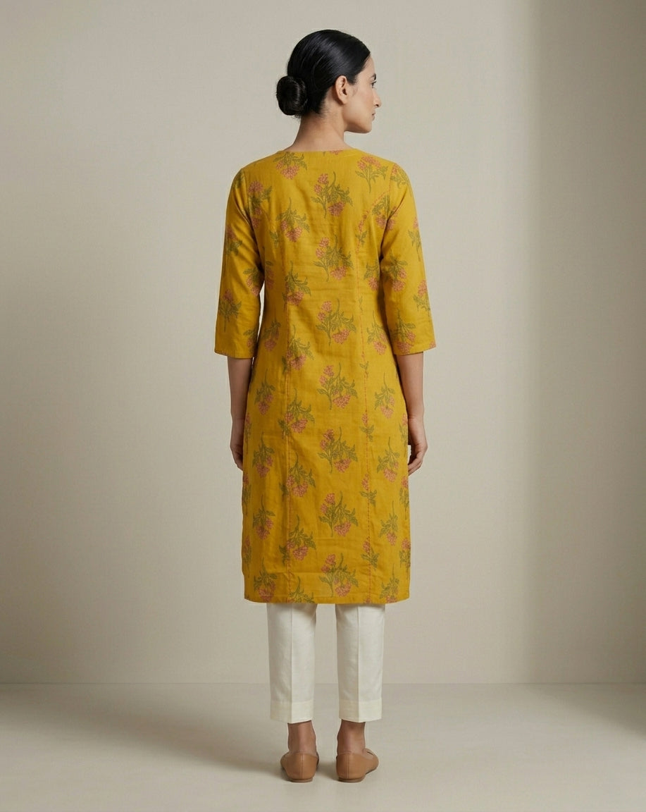 Mustard Yellow Botanical Print Straight Kurti