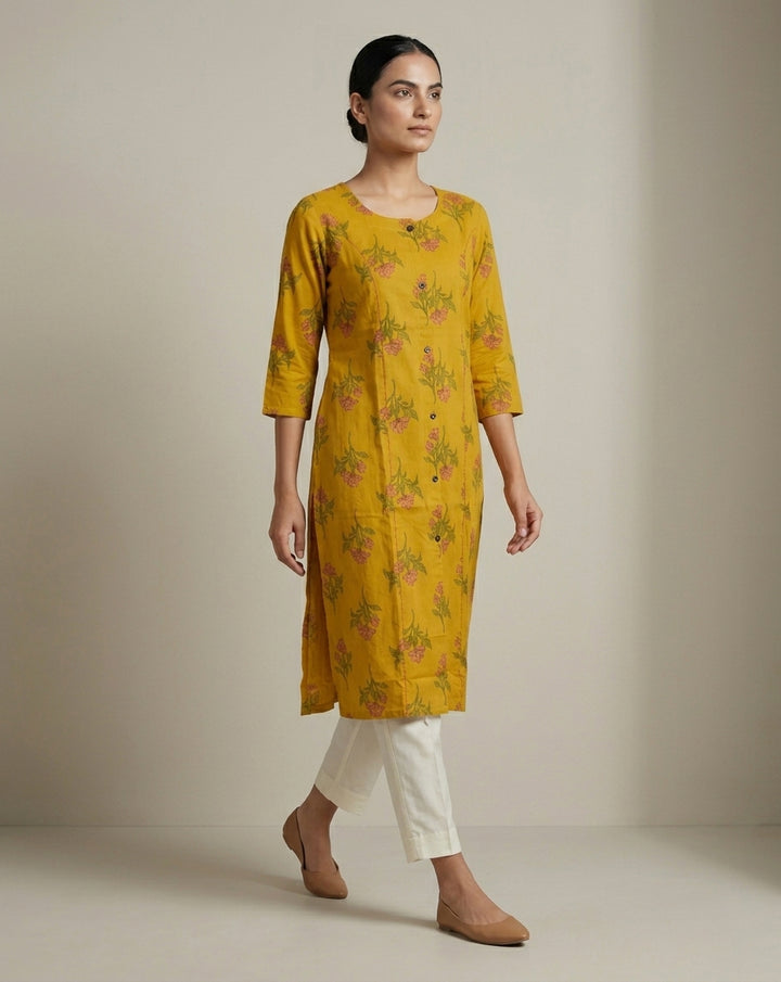 Mustard Yellow Botanical Print Straight Kurti