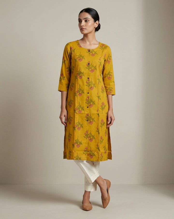Mustard Yellow Botanical Print Straight Kurti