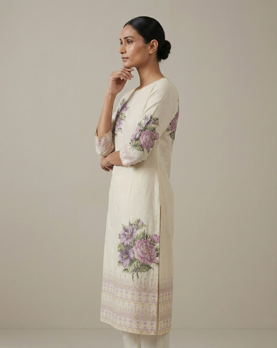 Orchid Floral Ivory Straight Kurti
