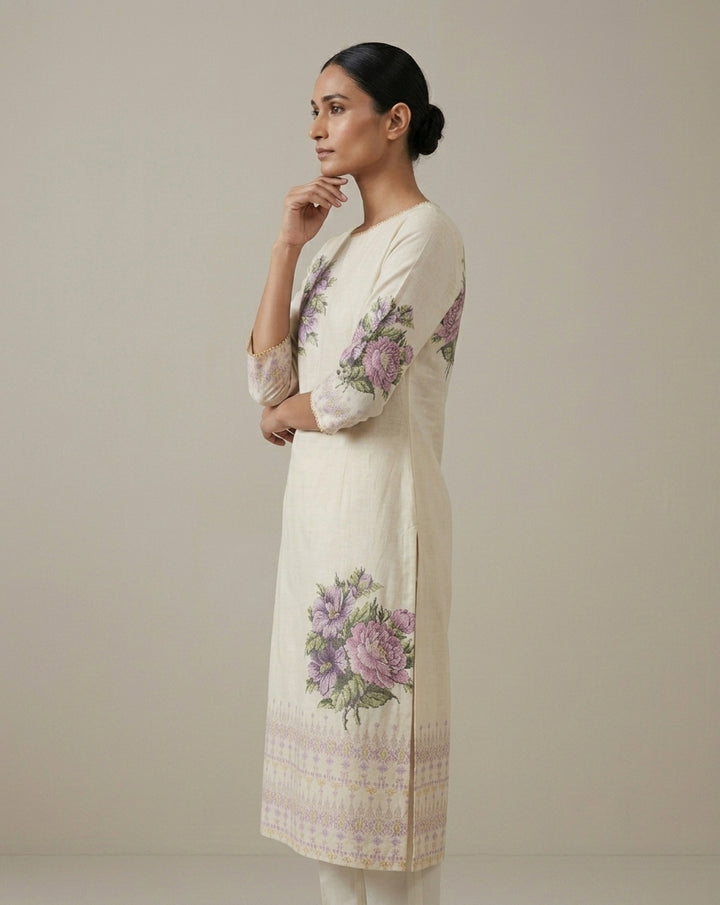 Orchid Floral Ivory Straight Kurti