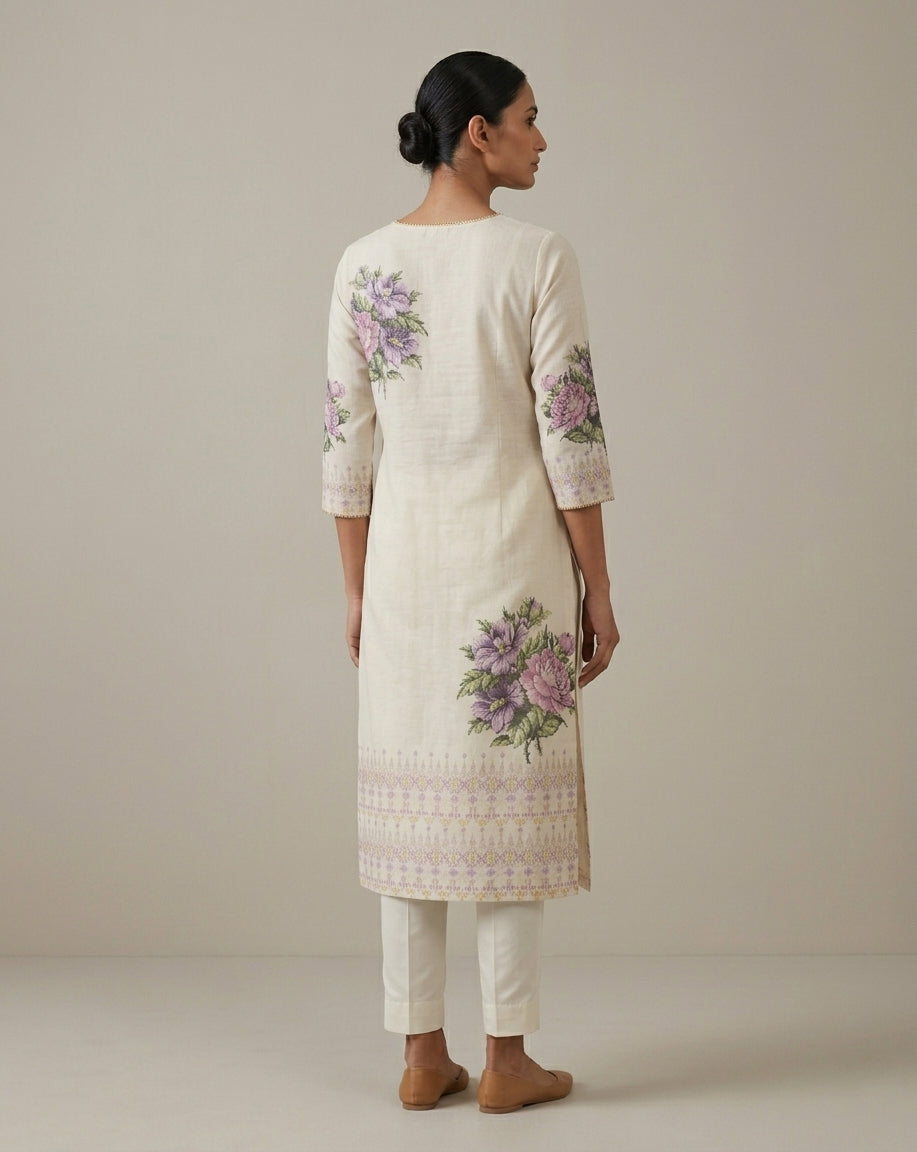 Orchid Floral Ivory Straight Kurti
