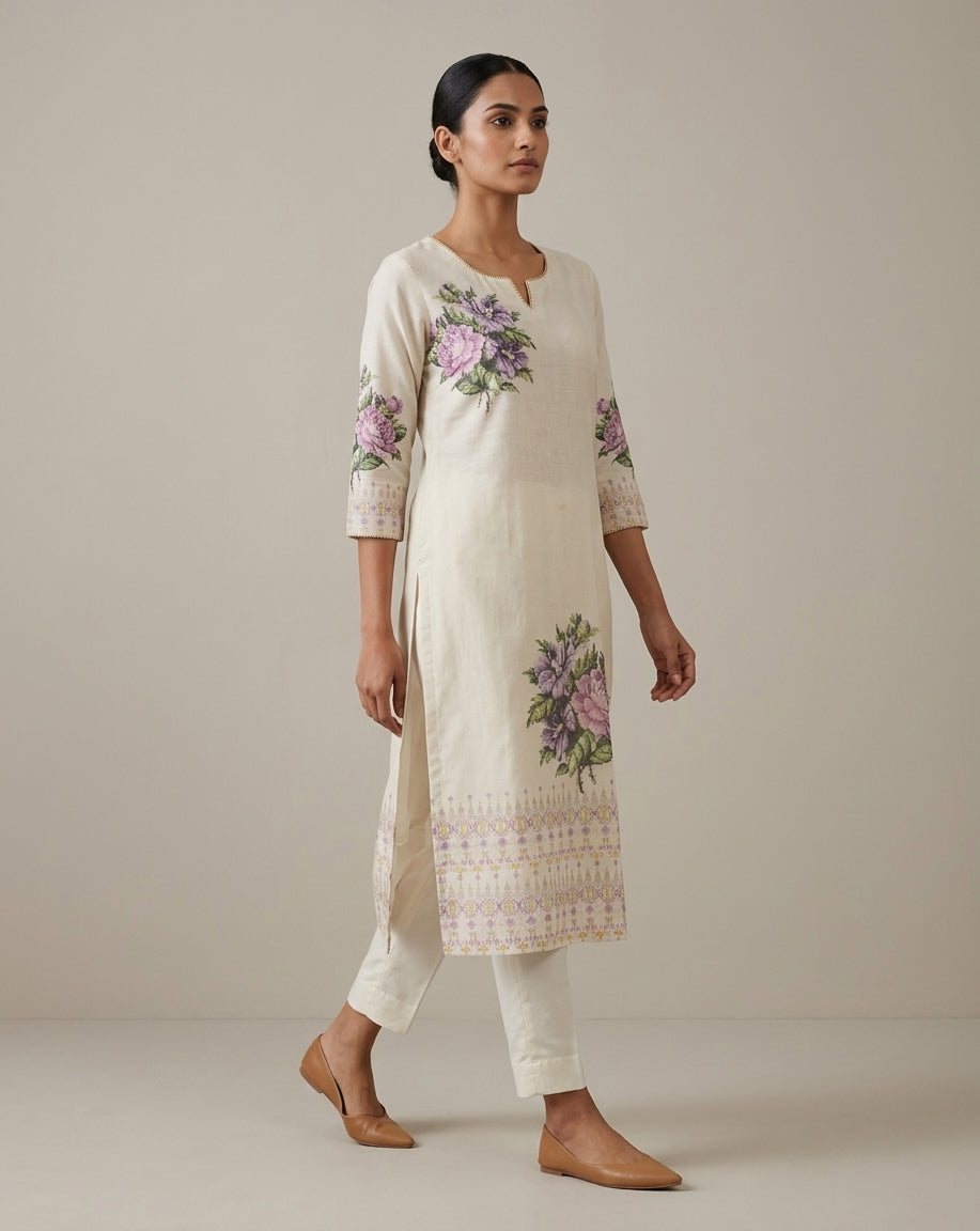 Orchid Floral Ivory Straight Kurti