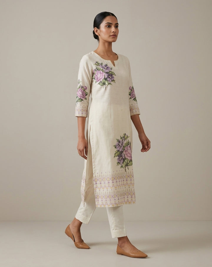 Orchid Floral Ivory Straight Kurti
