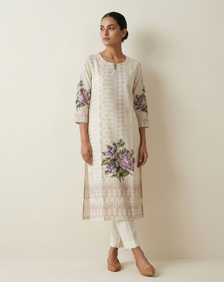 Orchid Floral Ivory Straight Kurti