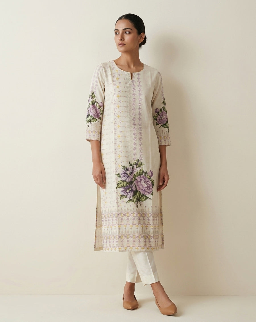 Orchid Floral Ivory Straight Kurti