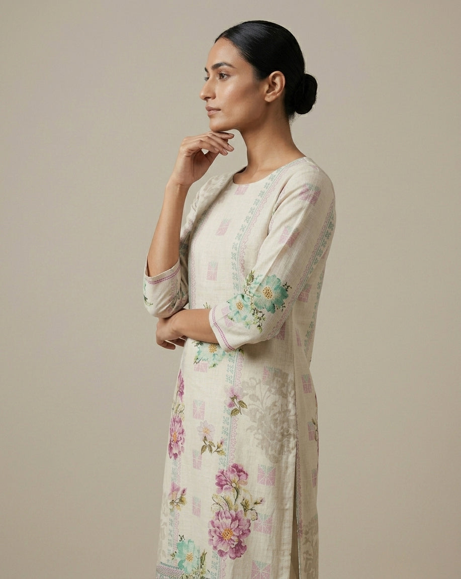 Pastel Floral Ivory Straight Kurti