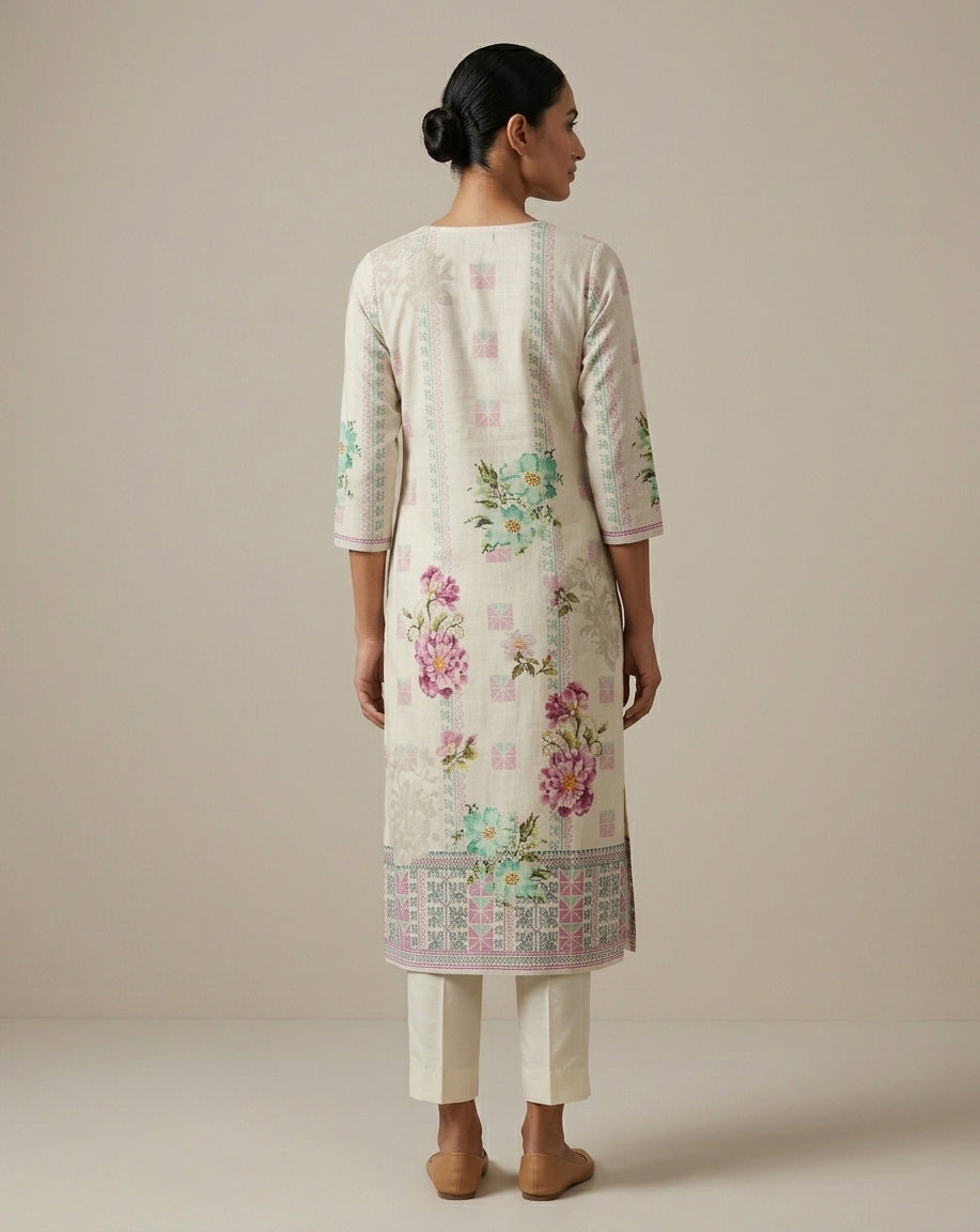 Pastel Floral Ivory Straight Kurti