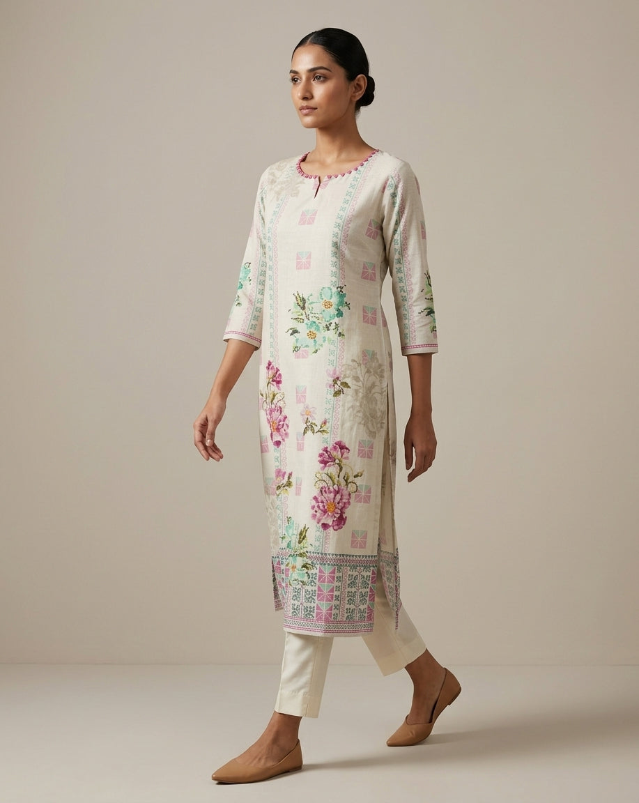 Pastel Floral Ivory Straight Kurti