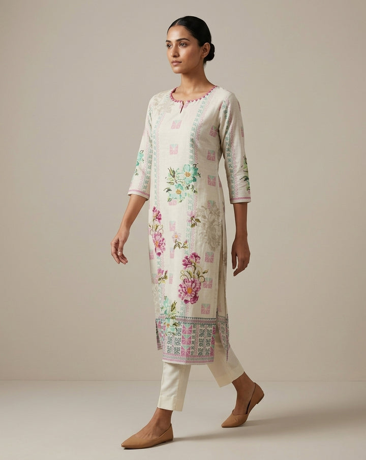 Pastel Floral Ivory Straight Kurti