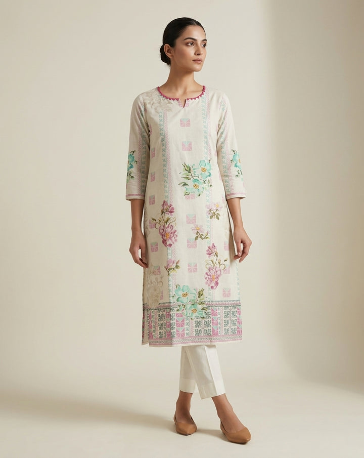Pastel Floral Ivory Straight Kurti